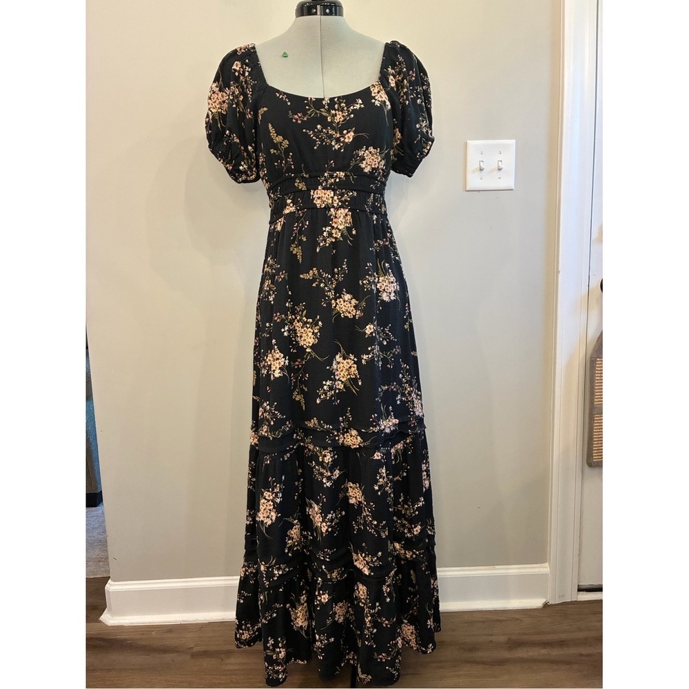 Bailey Blue Boho Black Pink Floral Maxi Dress Puff Sleeve 3WGHF2047 0372